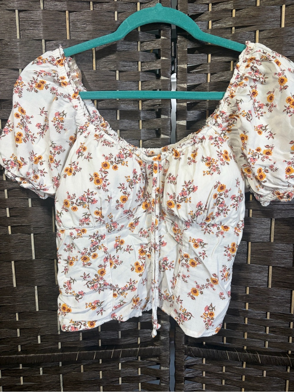 No Boundaries White Floral Puff Sleeve Crop Top with Yellow & Pink Accents